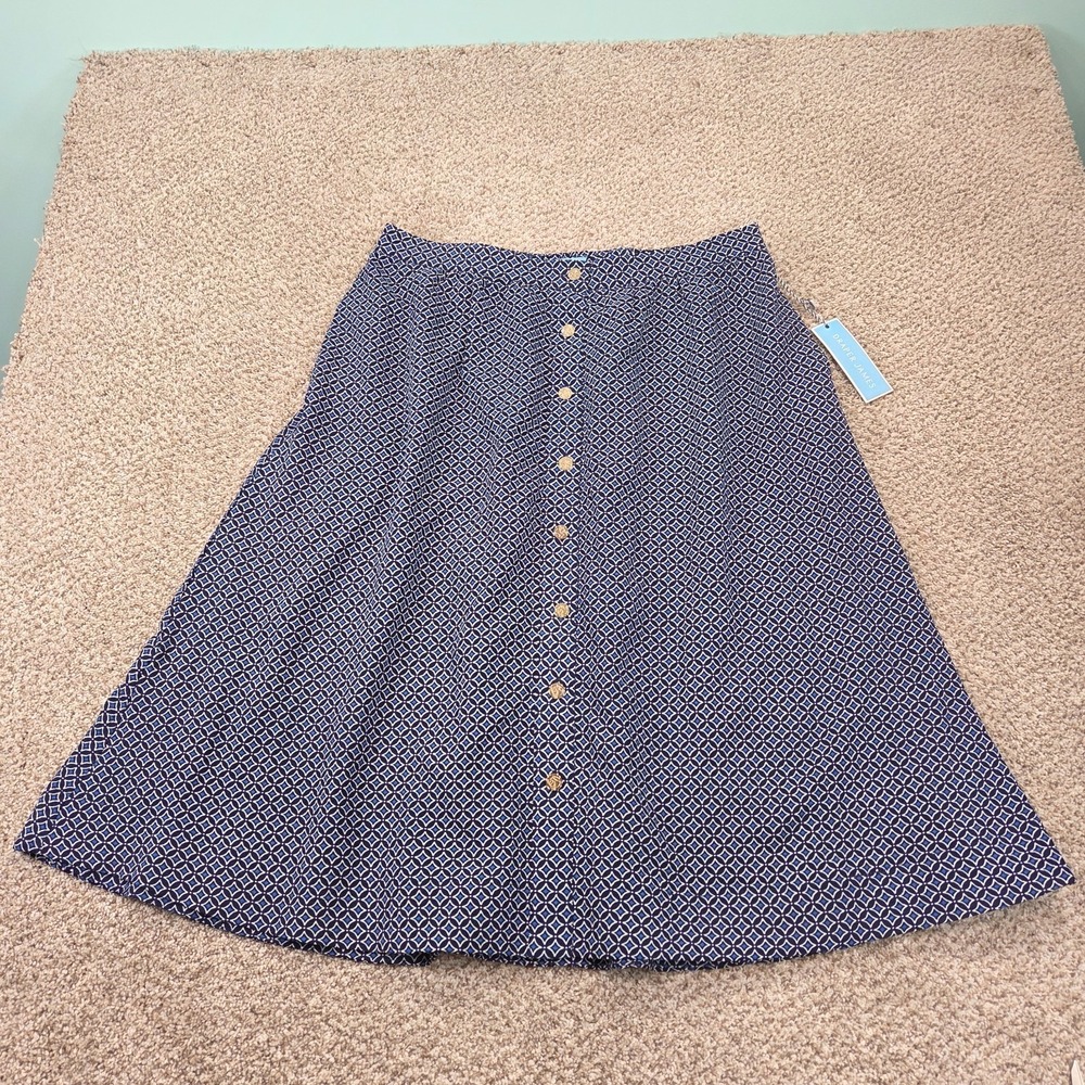 NEW Draper James Button Front A Line Midi Skirt Blue Geometric W/ Pockets - XL
